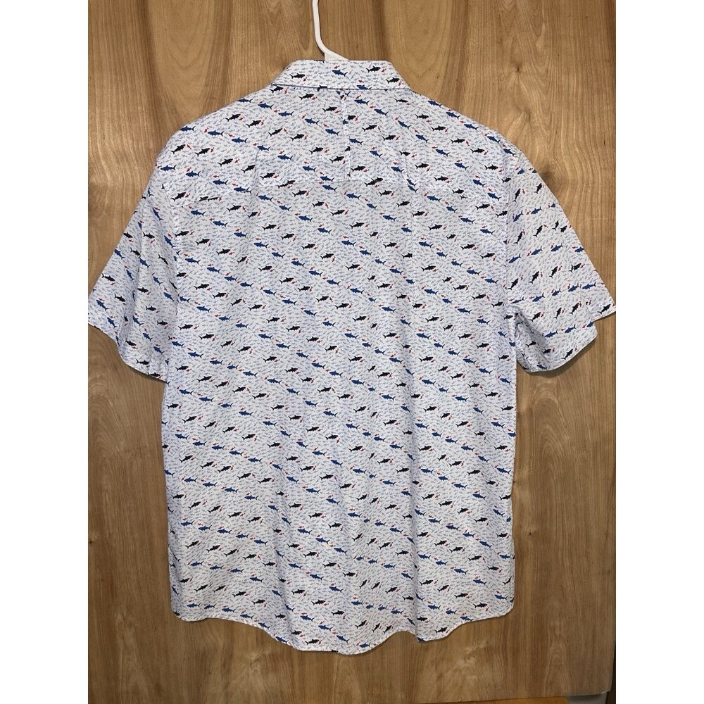 Johnston Murphy Men’s Large Shirt White Blue Geometric Shark Print Short Sleeve - Picture 7 of 11